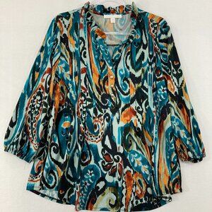 Juniper + Lime Top size XL Multi Color Ruffle Neck Stretch Knit Pintuck Popover